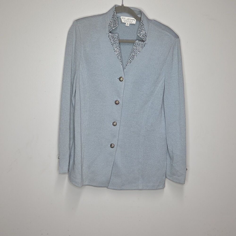 St John Evening Santana Knit Jacket 14 Light Powder Blue Rhinestone Collar